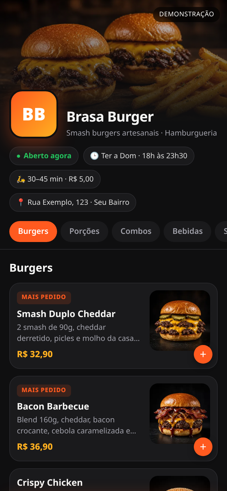 Tela inicial do cardápio demo
